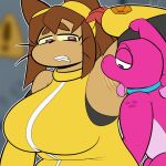 2026 2d_animation accessory animated anthro armpit_fetish armpit_lick armpit_play blitzyflair bodily_fluids bouncing_breasts breasts brown_body brown_eyebrows brown_fur brown_hair clothing dinosaur domestic_cat duo eyebrows eyelashes eyes_closed eyewear_on_head felid feline felis female female_anthro fur gameoverse glitch_productions gobbles_(gameoverse) hair hi_res humanoid kit_bodega licking male male/female mammal medium_breasts necktie prehistoric_species red_body red_eyes red_scales reptile scales scalie sweat tongue whiskers yellow_clothing yellow_sclera