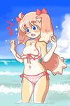  beach bikini blue_eyes bra breasts canine clothing cloud cream_fur dog female fur hair kemono kin-shun mammal nipples panties pink_hair seaside swimsuit underwear water 