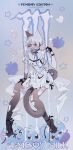 blush bow_ribbon clothing domestic_cat felid feline felis femboy fur grey_body grey_fur grey_tail hair hi_res humanoid leg_strap legwear lenoidpipisoid maid_uniform male mammal monster_energy neckwear red_eyes solo stockings tail uniform white_body white_fur white_hair