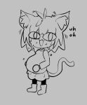 animal_humanoid bodily_fluids boots bottomwear cat_humanoid clothing english_text felid felid_humanoid feline feline_humanoid female footwear hair hi_res human humanoid looking_at_viewer mammal mammal_humanoid meweeze monochrome neco-arc open_mouth pregnant shirt shoes skirt solo sweat text topwear tsukihime type-moon