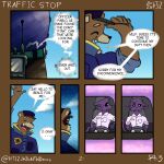 anthro bear belt bodily_fluids car character_request clothed clothing cloud collared_shirt comic creepy dialogue dress_shirt electronics english_text felid feline gesture hi_res male mammal masculine menacing_aura muscular muscular_anthro muscular_male name_tag pablo_police_bear_(p.p.bigger_world_au) police police_badge police_hat police_officer police_uniform red_eyes shirt sitting slightly_chubby solo speech_bubble standing sweat teeth teeth_showing text topwear uniform valken_holmes vehicle walkie-talkie waving waving_goodbye