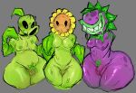 anthro balls big_butt black_sclera bodily_fluids bottom_heavy butt chomper_(pvz) electronic_arts elemental_creature elemental_humanoid femboy flaccid flora_fauna flower flower_creature gat0pussy24 genitals green_body green_skin grin group hi_res huge_butt humanoid humanoid_genitalia humanoid_penis leaf leaf_arms leaf_pubes male mario_bros moobs nintendo pear-shaped_figure peashooter_(pvz) penis plant plant_humanoid plants_vs._zombies popcap_games purple_body purple_skin sharp_teeth smile sunflower_(pvz) sweat sweatdrop teeth thick_thighs trio wide_hips
