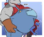 2026 absurd_res anthro belly belly_expansion belly_on_back belly_overhang belly_squish big_belly bloated blue_body blue_hair blue_scales bottomwear bovid bully caprine clothing colored digital_drawing_(artwork) digital_media_(artwork) duo english_text expansion facial_hair facial_markings floppy_ears furry_body gloves goat goatee grey_body grey_hair hair handwear head_markings hi_res hoodie horn huge_belly kobold long_hair lop_ears male male/male mammal markings mutton_chops overalls overweight overweight_male pants pointy_ears rakeesh red_hair red_stripes scaled_body scales scalie sharp_teeth signature simple_background size_difference size_play sleeveless_clothing sleeveless_hoodie slim snaggle_tooth speech_bubble squish stripes tail tail_markings tanio teeth text tight_clothing topwear weight_gain yellow_body