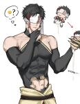 1boy ? after_sex back_cutout bare_shoulders black_gloves black_hair bodysuit bridal_gauntlets centipede_tattoo character-themed_onahole character_doll chinese_clothes chinese_knot clothed_sex clothing_cutout confused covered_pectorals cum cum_in_ass cum_on_body cum_overflow cumdrip doll earrings elbow_gloves eye_mask facial facial_tattoo fumo_(doll) gloves hand_on_own_chin hewkaona highres holding holding_doll jewelry large_pectorals male_focus mandarin_collar manly mask multicolored_hair muscular muscular_male navel_cutout pectorals qin_shi_huang_(shuumatsu_no_valkyrie) red_hair red_tattoo short_hair shuumatsu_no_valkyrie sidepec simple_background single_earring sleeveless sleeveless_bodysuit speech_bubble spiked_hair stroking_own_chin tassel tassel_earrings tattoo thinking thought_bubble two-tone_hair white_background 