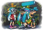  3girls :d aerospray_(splatoon) aqua_hair blue_eyes closed_eyes dark_skin domino_mask fangs green_eyes headband ink_tank_(splatoon) inkling jersey mask monster_boy monster_girl multiple_girls open_mouth orange_eyes paint_roller pointy_ears shorts smile splat_roller_(splatoon) splatoon_(series) splatoon_1 splattershot_(splatoon) splattershot_jr_(splatoon) super_soaker tentacle_hair vest water_gun weapon wong_ying_chee 