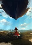  aircraft airship blue_sky blurry bow brown_hair day depth_of_field detached_sleeves flying from_behind gohei hair_bow hakurei_reimu highres hsin long_hair mountain palanquin_ship ponytail skirt skirt_set sky solo touhou wide_shot wind 