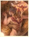 abstract_background ambiguous_gender avian beak bird bone celtic_mythology celtic_symbol chest_wound colored_pencil_(artwork) detailed_background english_description european_mythology exposed_bone exposed_rib_cage eyes_closed feathered_wings feathers feral gore gouache_(artwork) green_man_(mythology) group hair hi_res horn hug human humanoid julie_dillon leaf leaf_hair male mammal mythological_creature mythology not_furry nude painting_(artwork) pale_skin plant plant_hair pointy_ears pseudo_hair rib_cage severe_wound soft_gore traditional_media_(artwork) traditional_painting_(artwork) traditional_watercolor_(artwork) watercolor_(artwork) white_hair wings
