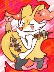 2023 ambiguous_anthro ambiguous_gender annyui0611 anthro big_tail biped blush blush_stickers braixen canid closed_smile digital_drawing_(artwork) digital_media_(artwork) digitigrade dipstick_tail food front_view full-length_portrait generation_6_pokemon hi_res holding_food holding_object japanese_description looking_at_viewer mammal markings meat mouth_closed nintendo pokemon pokemon_(species) portrait shrimp_(food) smile snout solo standing steam tail tail_markings translated_description yakitori