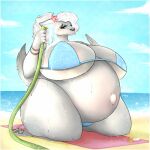 1:1 2023 4_toes 5_fingers accessory ambiguous_feral ambiguous_gender anthro aquatic artist_name asterozoan azraelle_(tertia) beach belly big_belly big_breasts bikini bivalve_shell black_nose blue_bikini blue_clothing blue_eyes blue_swimwear blush bracelet breasts canid canine canis chest_tuft clothed clothed_anthro clothed_female clothing cloud colored day digital_drawing_(artwork) digital_media_(artwork) ears_down echinoderm english_description extreme_size_difference eyebrows eyelashes fanning fanning_self feet female female_focus feral fingers flower flower_in_hair fluffy fluffy_tail fully_clothed fully_clothed_anthro fully_clothed_female fur grey_body grey_fur hair hair_accessory hi_res holding_hose holding_object hose huge_breasts huge_thighs jewelry larger_anthro larger_female light lighting long_hair long_tail mammal mollusk_shell multicolored_bracelet navel outie_navel pawpads paws pink_flower pivoted_ears plant ponytail pregnant pregnant_anthro pregnant_female rainbow_bracelet rainbow_symbol rakkyoarts red_towel sand sea seaside shaded shell sitting sitting_on_knees sitting_on_towel size_difference sky smaller_ambiguous smaller_feral solo sparkles sparkling_bikini sparkling_clothing sparkling_swimwear spraying_water starfish swimwear tail text thick_thighs toes tongue tongue_out towel triangle_bikini tuft two-piece_swimsuit water wavy_hair wet white_hair wide_hipped_anthro wide_hipped_female wide_hips wolf