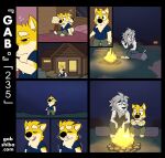 2024 5_fingers afterimage anthro barefoot bed black_clothing black_eyes black_nose black_shirt black_tank_top black_topwear blue_clothing blue_shirt blue_topwear bottomwear campfire canid canine canis closed_smile clothed clothing colored comic digital_drawing_(artwork) digital_media_(artwork) domestic_dog duo elion_(gabshiba) eyes_closed feet felid fingers fur furniture gab_(comic) gab_shiba gabshiba green_bottomwear green_clothing green_pants head_tuft lion male male/male mammal mane mouth_closed night outside pantherine pants runny_nose shaking shiba_inu shirt shivering sitting sitting_on_log smile spitz tank_top topwear tuft waking_up warming_hands white_body white_fur white_mane yellow_body yellow_fur