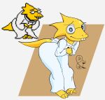 2026 alphys anthro barefoot buckteeth clothing coat digital_drawing_(artwork) digital_media_(artwork) eyewear feet female glasses lab_coat lizard looking_at_viewer reptile scalie shaded signature simple_background simple_shading smile solo standing swingandamiss tail teeth topwear undertale_(series) wearing_glasses yellow_body