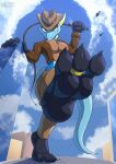 3_toes absurd_res aircraft anthro artist_name blue_body claws clothing cloud cracks digit_ring eyelashes feet female foot_focus generation_8_pokemon glass headgear headwear helicopter hi_res huge_filesize inteleon jewelry long_tail looking_at_viewer melody_(thatco) nintendo outside pokemon pokemon_(species) ring rodricoro scalie shirt sky solo stomping tail text toe_ring toes topwear vehicle whip