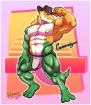 5_fingers abs alligator alligatorid anthro biceps big_bulge biped bulge candy claws clothed clothing crocodilian dessert detailed_bulge digital_media_(artwork) fingers food food_creature genital_outline glitch_productions green_body gummigoo_(tadc) gummy_(food) gummy_creature hat headgear headwear hi_res jockstrap jockstrap_only living_candy looking_at_viewer male male_anthro mostly_nude mostly_nude_anthro mostly_nude_male mostly_offscreen_male muscular muscular_anthro muscular_male nipples ougon pecs penis_outline reptile scalie simple_background solo tail the_amazing_digital_circus topless underwear underwear_only yellow_body