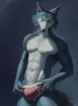 5_fingers abs abstract_background absurd_res anthro arm_tuft beastars blue_background blue_body blue_fur body_hair briefs brown_nose canid canine canine_tail canis cheek_tuft chest_hair claws clothed clothing ears_up elbow_tuft evk eyebrows eyes_closed facial_tuft fingers fluffy fluffy_ears fluffy_tail fur hands_on_underwear hi_res inner_ear_fluff legoshi_(beastars) light male mammal mouth_closed muscular muscular_chest muscular_male navel neck_tuft nipples organs partially_clothed pecs pubes red_clothing red_underwear ribs simple_background snout solo standing stomach studio_lights tail tuft underwear underwear_down white_body white_fur wolf