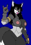 5_fingers alternative_fashion anthro black_claws black_eyebrows black_hair black_nose blue_background breasts canid canine claws clothing dipstick_tail eyebrows female fingers fur genitals gloves goth grey_body grey_fur hair handwear inner_ear_fluff looking_at_viewer mammal markings metalhead multicolored_body multicolored_fur nipples orange_eyes pink_nipples pink_tongue pink_vulva ring_(jewelry) simple_background solo standing tail tail_markings tongue tongue_out tuft unknown_artist vulva white_inner_ear_fluff white_tail_tip