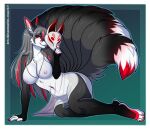 9_tails anthro areola big_breasts black_nose breasts canid canine clothing digital_drawing_(artwork) digital_media_(artwork) dipstick_ears ear_markings female fox fox_spirit fur gloves_(marking) grey_body grey_fur grey_hair hair heather_rose_(silverfoxxracing) kitsunewaffles-chan leg_markings looking_at_viewer mammal markings mask multi_tail multicolored_ears nipples red_areola red_eyes red_nipples socks_(marking) solo tail thick_thighs translucent translucent_clothing wide_hips