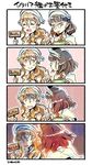 4koma angry annoyed bowl brown_eyes brown_hair capelet comic eating glasses kantai_collection littorio_(kantai_collection) long_hair multiple_girls nonco pince-nez placard roma_(kantai_collection) scared shaded_face short_hair sign silent_comic translated trembling turn_pale wavy_mouth 