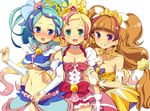  :d amanogawa_kirara arm_holding arm_hug bare_shoulders blonde_hair blue_eyes blue_hair blush breasts brown_hair choker cleavage cure_flora cure_mermaid cure_twinkle girl_sandwich gloves go!_princess_precure green_eyes haruno_haruka homing_(areya) kaidou_minami large_breasts long_hair looking_at_viewer magical_girl medium_breasts midriff multicolored_hair multiple_girls navel open_mouth pink_hair ponytail precure purple_eyes purple_hair sandwiched smile twintails two-tone_hair underboob white_gloves 