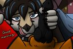 andromorph_(lore) anthro ash_(metal_fox) bat bat_nose bed bedroom_sex blush blush_lines brown_hair canid canine door duo english_text first_person_view fox furniture genitals hair handjob heart_eyes heart_symbol highlights_(coloring) hybrid kiba_(crescentwolf) knot knotted_penis licking licking_lips light lighting lightswitch looking_at_viewer male mammal metal_fox117 penile penis sex text tongue tongue_out under_covers