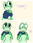 2026 3_panel_comic absurd_res accident accidental_exposure amphibian anthro blush blush_lines bra_lift bra_strap bra_strap_showing_(meme) clothed clothing clothing_lift comic countershade_face countershade_torso countershading crop_top digital_drawing_(artwork) digital_media_(artwork) eltrash_art6 embarrassed english_text eyelashes eyeshadow featureless_chest female female_anthro flat_chested frog glitch_productions green_body hi_res makeup meme midriff narrowed_eyes offscreen_character ribbit_(tadc) shirt shirt_lift simple_background small_waist solo text the_amazing_digital_circus toony topwear