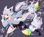  1girl animal_ears aqua_eyes arm_up armpit_crease ascot black_boots black_shorts blue_ascot blush boots braid detached_sleeves dust floating_hair fox_ears fox_girl fox_shadow_puppet fox_tail from_side full_body grey_background hachiiroirori hair_ribbon highres hololive leg_up long_hair looking_at_viewer outline patterned_background ponytail ribbon running seigaiha shirakami_fubuki shirakami_fubuki_(1st_costume) shirt shorts sidelocks signature single_braid skindentation solo sukonbu_(shirakami_fubuki) tail thigh_strap virtual_youtuber white_hair white_outline white_shirt 