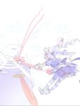  1girl ahoge bloomers blue_archive dress drill_hair facing_away floating_hair full_body gloves highres hitting holding holding_rocket_launcher holding_weapon long_hair midair multicolored_hair panties pantyshot peroro_(blue_archive) pink_hair puffy_short_sleeves puffy_sleeves purple_dress purple_hair purple_thighhighs reisa_(blue_archive) reisa_(magical)_(blue_archive) rocket_launcher short_dress short_sleeves simple_background solo striped_clothes striped_thighhighs thighhighs tongue tongue_out twin_drills two-tone_hair underwear utsuru4 weapon white_background white_gloves 