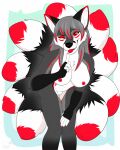 2021 anthro areola big_breasts black_nose breasts canid canine digital_drawing_(artwork) digital_media_(artwork) dipstick_tail female fox fox_spirit fur genitals gloves_(marking) gothicsiamese grey_body grey_fur grey_hair hair heather_rose_(silverfoxxracing) hi_res mammal markings multi_tail nipples nude red_areola red_eyes red_nipples solo tail tail_markings tongue tongue_out vulva winking_at_another