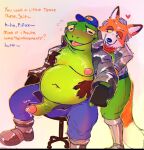 2026 amphibian anthro anthro_on_anthro areola baseball_cap belly belly_overhang belt big_belly big_penis blush bodily_fluids boots bottomwear breath canid canine chair claws clothed clothing denim denim_bottomwear denim_clothing dialogue dripping duo english_text erection fingerless_gloves flying_sweatdrops footwear fox fox_mccloud frog fur furniture genital_fluids genitals glans gloves grope hand_on_belly hand_on_chest hand_on_moob handwear hat headgear headwear heart_symbol humanoid_genitalia humanoid_penis jacket jeans kerchief male male/male mammal moobs motion_lines narrowed_eyes navel neckerchief neckwear nintendo nipples non-mammal_nipples on_chair onomatopoeia open_clothing open_jacket open_mouth open_smile open_topwear overweight overweight_anthro overweight_male panting pants penis precum precum_drip reach_around rocowoof shoes simple_background sitting slippy_toad smile sound_effects standing star_fox sweat sweatdrop tan_background text throbbing throbbing_penis toad_(frog) tongue topwear tuft unzipped unzipped_pants vein zipper