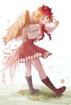 1girl absurdres animal_on_head baby_animal bird bird_girl bird_on_head bird_wings blonde_hair blush boots breasts chick chicken_girl commentary dress feathered_wings from_side full_body grass highres leaf looking_at_viewer niwatari_kutaka on_head one_eye_closed open_mouth short_hair simple_background small_breasts solo standing tail teeth touhou upper_teeth_only v white_background wings yorange17 