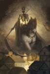 ambiguous_gender animated_skeleton binky_(character) bone christian_cross christian_symbol christianity city cityscape cross crucifix death_(personification) detailed_background dome_roof duo english_text equid equine feral glowing glowing_eyes grey_body grim_reaper harness hi_res holding_melee_weapon holding_object holding_polearm holding_scythe holding_weapon hood horse horseback_riding humanoid julie_dillon mammal melee_weapon not_furry outside polearm reins religion religious_symbol renaissance_architecture restricted_palette riding_horse scythe skeleton text timber_framed_architecture undead weapon wearing_crown