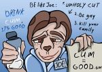 anthro bodily_fluids bottle canid canine canis clothing container cum domestic_dog english_text eyescutout fingers genital_fluids hi_res lips male mammal meme simple_background solo standing text toony toony_expression