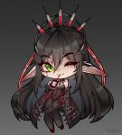  1girl black_hair black_leotard blood blood_bag chibi colored_skin cross cross_facial_mark facial_mark freckles green_eyes grey_skin hair_between_eyes highres indie_virtual_youtuber karousel layna_lazar leotard long_hair looking_at_viewer one_eye_closed pantyhose pointy_ears simple_background solo syringe_hair_ornament virtual_youtuber 