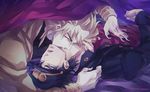  ankai_(rappelzankai) biting black_nails blanket blonde_hair blue_eyes blue_hair dio_brando earrings hat jewelry jojo_no_kimyou_na_bouken kuujou_joutarou long_coat looking_at_viewer lying male_focus multiple_boys nail_polish on_back red_eyes vampire yaoi 