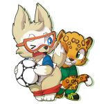 1:1 anthro assisted_exposure blue_eyes bottomwear bottomwear_down canid canine canis clothed clothing duo eurasian_wolf eyewear felid fifa goggles green_eyes hi_res jaguar lkiws male mammal mascot pantherine pants pants_down pantsing partially_clothed toony wolf zabivaka zayu_(fifa)