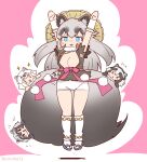  4girls animal_ears arms_up blue_eyes breasts cleavage commentary_request common_raccoon_(kemono_friends) coroha elbow_gloves extra_ears full_body gloves grey_hair hat hondo_tanuki_(kemono_friends) inugami_gyoubu_(kemono_friends) japari_symbol jumping kemono_friends kemono_friends_3 large_breasts long_hair looking_at_viewer multiple_girls pink_background raccoon_ears raccoon_girl raccoon_tail sandals scarf shirt short_hair shorts simple_background socks tail tanuki_(kemono_friends) white_hair zouri 