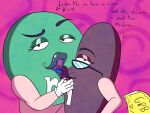 2024 4_fingers anthro bite biting_another biting_lip biting_partner black_eyewear black_glasses black_text bodily_fluids brown_(m&amp;m's) brown_lips candy clothing dessert digital_drawing_(artwork) digital_media_(artwork) duo english_text eyebrows eyelashes eyewear female female/female fingers food food_creature glasses gloves green_(m&amp;m's) green_lips hand_on_another's_head handwear heart_symbol hi_res lips living_candy long_eyelashes m&amp;m's mars_incorporated mascot purple_background raised_eyebrow saliva saliva_on_tongue simple_background teasing teasing_viewer text ticket titaniumtoenail wet_lips white_clothing white_gloves white_handwear