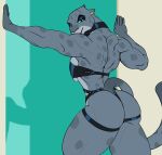 anthro bedroom_eyes biceps breast_squish breasts butt clothed clothing collar digital_media_(artwork) dreamworks ear_piercing ear_ring eyeshadow f_draws felid female fingers fur grey_body grey_fur hi_res kitty_kat_(the_bad_guys) latex latex_clothing looking_at_viewer looking_back makeup mammal markings muscular muscular_anthro muscular_female narrowed_eyes pantherine piercing ring_piercing seductive simple_background snow_leopard solo spots squish standing tail the_bad_guys