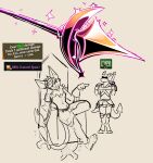60percentscalie anthro armor bat bottomwear chair clothing demon dovak duo english_text furniture gameplay_mechanics gloves handwear hi_res male mammal melee_weapon military pants polearm shirtless shirtless_anthro shirtless_male sitting slay_the_spire smug smug_expression smug_face soldier spade_tail sparkles spear sword tail text throne tufted_fur vauruk warrior weapon wings