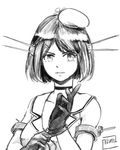  black_gloves breasts choker collarbone glove_pull gloves greyscale hair_ornament hairclip hat headgear kantai_collection large_breasts looking_at_viewer maya_(kantai_collection) midriff monochrome parted_lips remodel_(kantai_collection) reze school_uniform serafuku short_hair signature simple_background sketch sleeveless solo upper_body white_background 