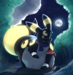 abdominal_bulge absurd_res ambiguous_gender belly belly_on_ground big_tail black_body black_fur bracelet clothing eeveelution feral forest forest_background full_moon fur generation_2_pokemon glowing glowing_markings grey_body grey_fur hat head_tuft headgear headwear heterochromia hi_res jewelry looking_at_belly markings moon night nintendo paw_on_belly paws plant pokemon pokemon_(species) raster_dreams scarf smile smirk tail tree tuft umbreon vore