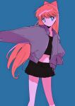 1girl aino_minako bishoujo_senshi_sailor_moon black_skirt blonde_hair blue_background blue_eyes bow crop_top grey_jacket hair_bow highres jacket long_hair miniskirt outstretched_arm pochi_(askas_is_god) skirt very_long_hair 