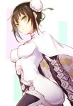  arm_guards bangs black_hair bodysuit breasts bun_cover cape chinese_clothes cloud_print covered_nipples double_bun erect_nipples fate/grand_order fate_(series) fingerless_gloves gloves green_eyes honotai medium_breasts parted_lips qin_liangyu_(fate) sidelocks simple_background skin_tight smile solo standing white_cape 