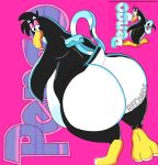ambiguous_gender angle_view animate_inanimate anthro anthrofied avian beak belly big_belly big_butt bird black_body butt cowprintsoda feet hi_res huge_butt living_toy mammal markings mascot multicolored_body orange_beak orange_feet overweight overweight_ambiguous overweight_anthro pengo_records penguin pink_eyelids presenting presenting_hindquarters reference_image solo standing text thick_thighs white_body white_markings wind-up_key