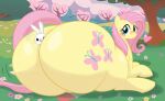2026 absurd_res angel_(mlp) anthro between_butt between_buttocks big_butt black_sclera blue_eyes blush bodily_fluids butt cel_shading cherry_tree colored cutie_mark digital_media_(artwork) duo equid equine eyelashes female feral flower fluttershy_(mlp) freedoomfrot friendship_is_magic fruit_tree grass hair hasbro heart_symbol hi_res horse huge_butt hyper hyper_butt lagomorph leporid looking_at_viewer looking_back looking_back_at_viewer lying male mammal motion_lines my_little_pony outside pink_hair pink_nose pink_tail plant pony rabbit rear_view shaded smile smiling_at_viewer stuck sweat sweatdrop tail trapped_in_butt tree white_body white_ears white_eyes worried yellow_body yellow_ears