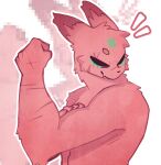 anthro arm_scar arm_tuft artist_name closed_smile elbow_tuft emanata eye_scar eyes_closed facial_markings facial_scar flesh_fang flexing flexing_bicep forehead_markings fur green_markings half-length_portrait hand_scar head_markings head_turned hi_res hunter_(rain_world) lunarvisions male markings mouth_closed muscular muscular_anthro muscular_male nude nude_anthro nude_male pointy_ears portrait pose prick_ears rain_world red_body red_fur scar side_view simple_background slugcat smile snout solo text tuft videocult white_background