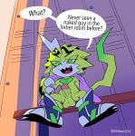 anthro b00b00keys balls bandai_namco bench bodily_fluids claws clothing digimon digimon_(species) erection footwear footwear_only genitals green_eyes hi_res humanoid_genitalia humanoid_penis locker_room low-angle_view male mostly_nude on_bench open_mouth penis pulsemon shoes shoes_only sitting sitting_on_bench solo speech_bubble sweat tail text towel towel_around_neck yellow_body