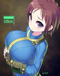  artist_name black_gloves blueberry_(5959) breast_hold breasts brown_hair fallout fingerless_gloves gloves large_breasts pip_boy purple_eyes short_hair solo vault_suit 