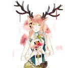  animal_ears antlers braid brown_hair flower green_eyes hair_flower hair_ornament highres looking_at_viewer original pinecone reindeer_antlers reindeer_ears sleeveless solo twin_braids vient wrist_cuffs 