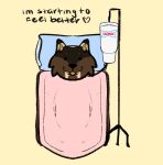 anthro bed brown_body brown_fur container cup digital_drawing_(artwork) digital_media_(artwork) dipstick_ears ear_markings english_text fur furniture heart_symbol hi_res iv_stand lying lying_on_bed male markings mephistofleas multicolored_ears on_back on_bed pillow simple_background snaggle_teeth solo sonic_drive-in text yellow_background