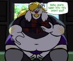 anthro arm_hair asriel_dreemurr beard belly big_belly blonde_hair body_hair bottomwear bovid caprine clothing deltarune dialogue english_text eyewear facial_hair fur glasses goat goatee hair hi_res horn justemockroach leg_hair male mammal moobs obese obese_male overweight overweight_male pants shirt solo text topwear undertale undertale_(series) weight_gain white_body white_fur